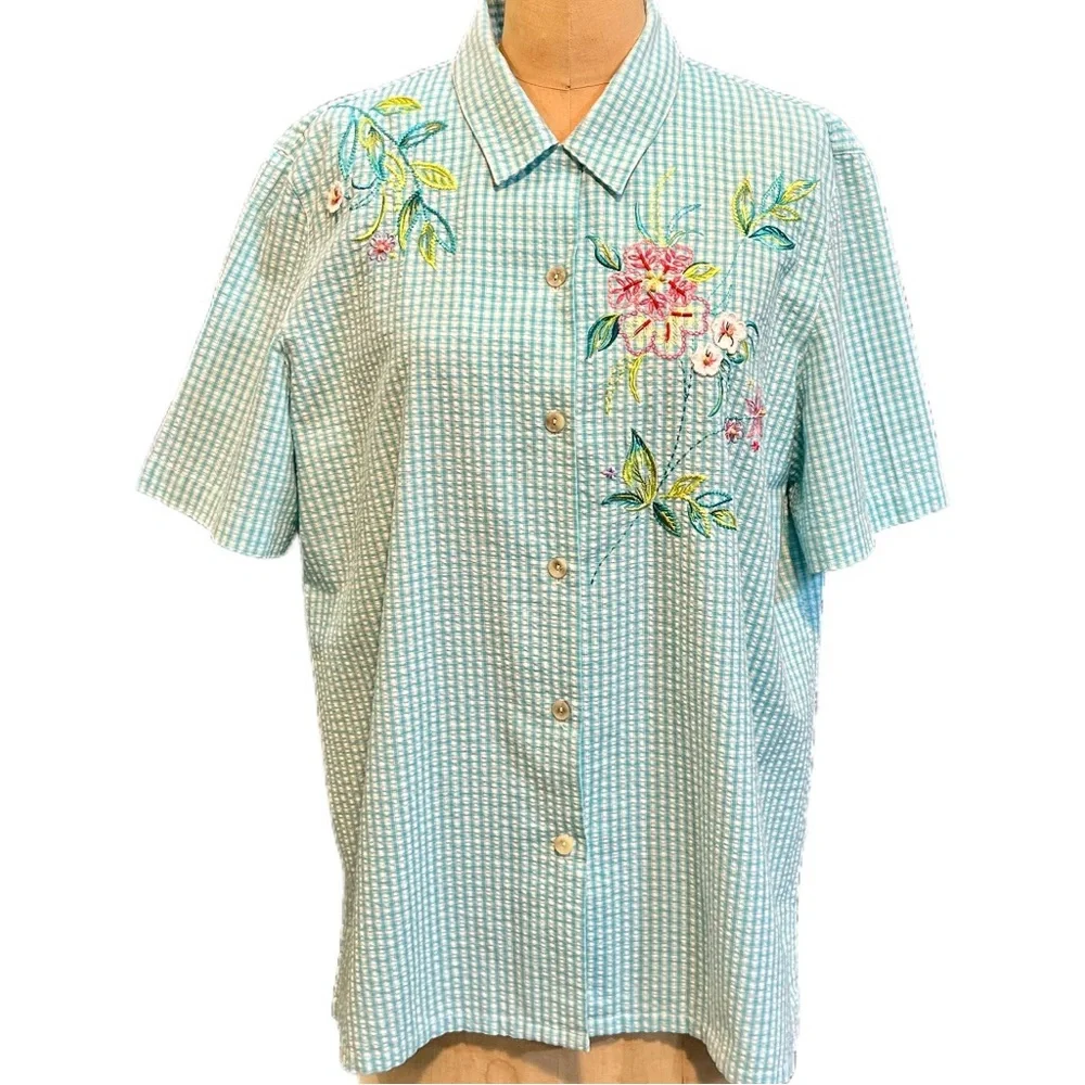 VINTAGE picnic gingham check seersucker plaid button down shirt aqua‎ floral 90s